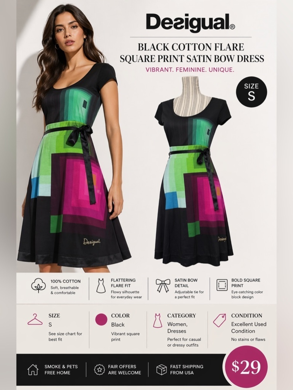 Desigual Black Geometric Colorblock Flare Dress Women’s Size S Satin Bow Cotton